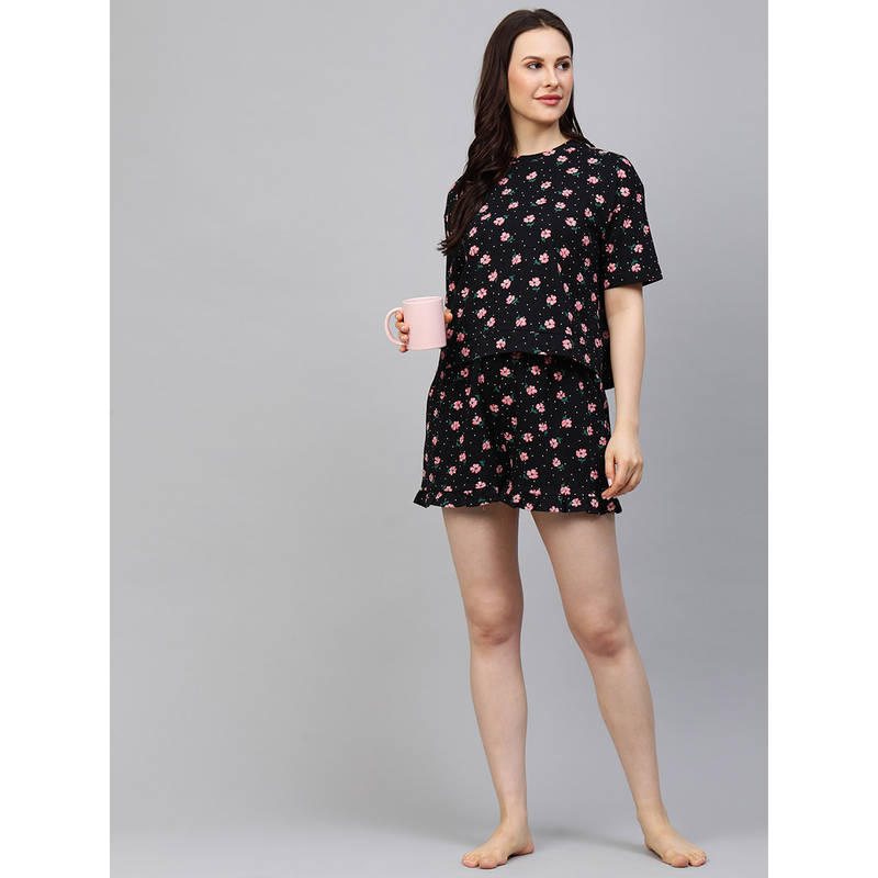 Chemistry Printed Night Suit - Black (Set of 2) (M)