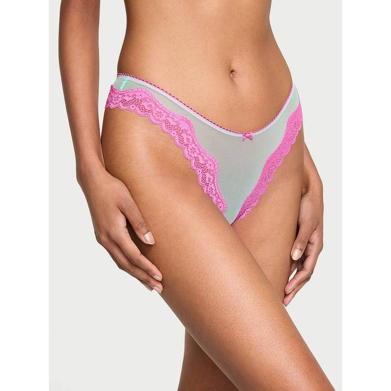 Victoria's Secret Green Tease Mesh Lace-Trim High-Leg Thong Panty (XS)