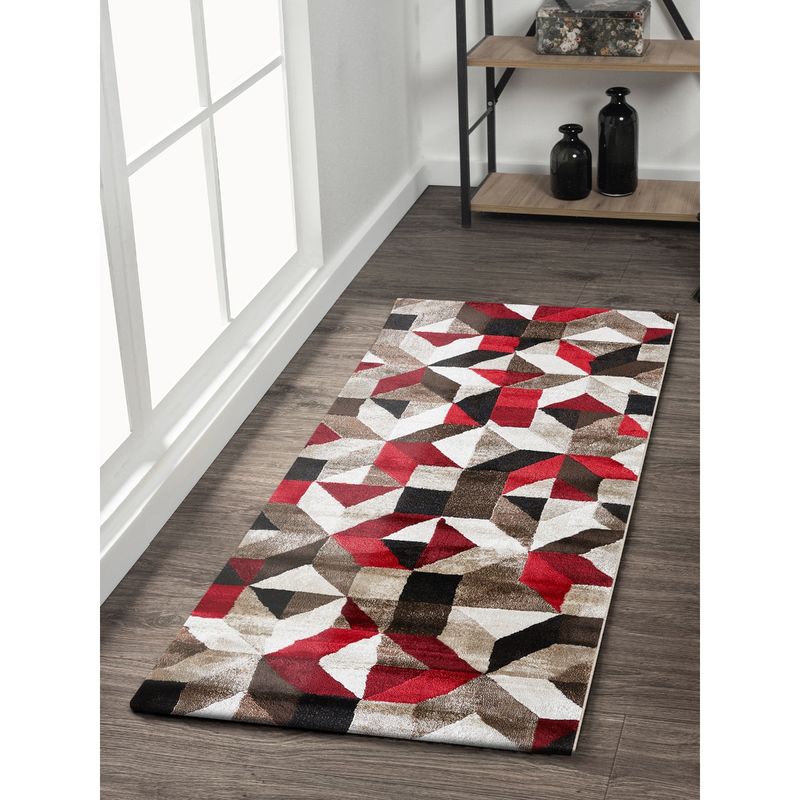 OBSESSIONS Polypropylene Red and Brown Geometric Floor Runner (2x5 feet)