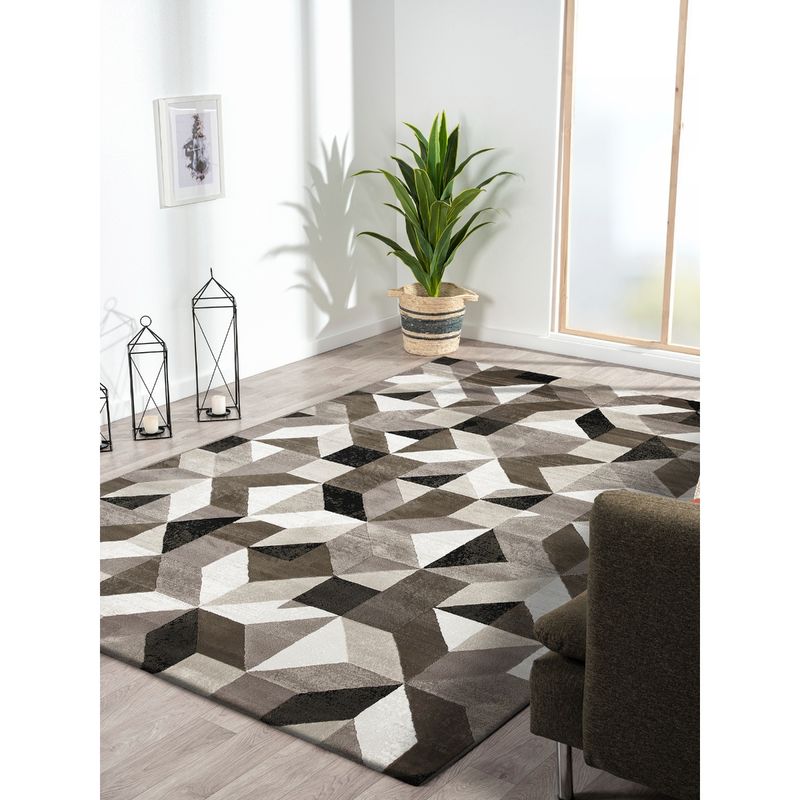 OBSESSIONS Polypropylene Cream and Grey Geometric Carpet (5x7 feet)