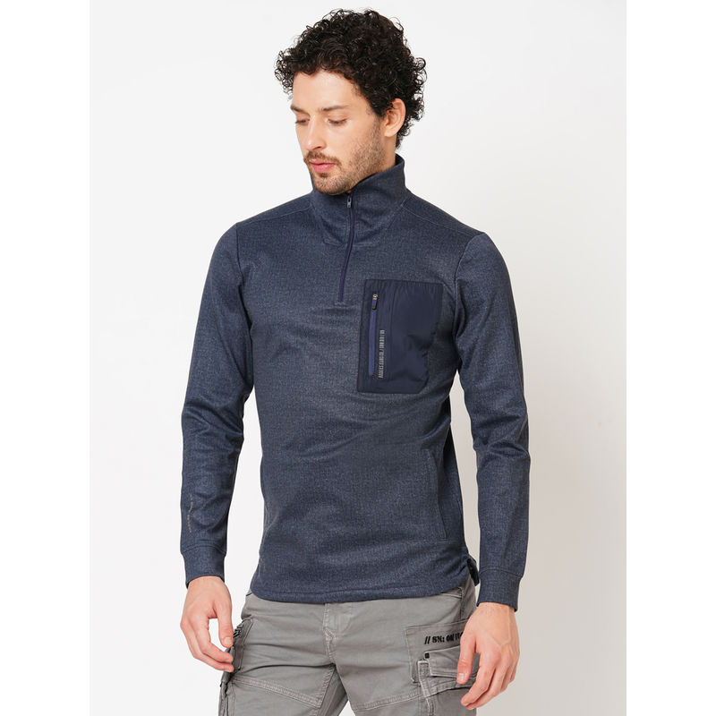 ROOKIES Navy Blue Full Sleeve Polyester Spandex Slim Athleisure High Neck Jacket (S)