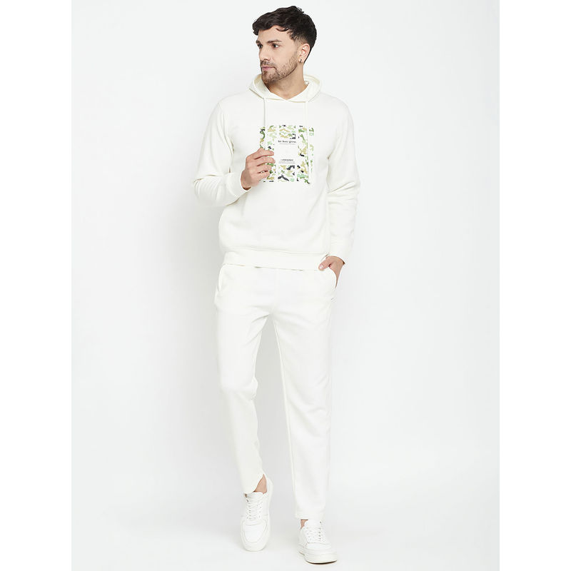 Okane Men White Printed Full Sleeves Hooded Sweatshirt and Trackpant (Set of 2) (XL)