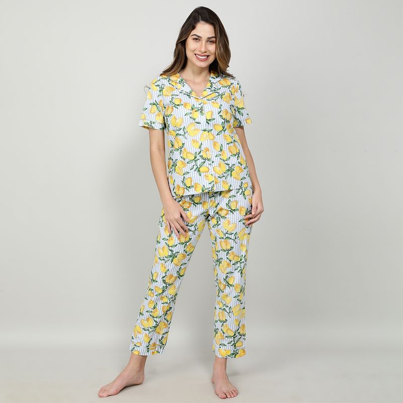 Mackly Womens Nightsuit Pj Set F-O, Yellow-Blue (2XL)