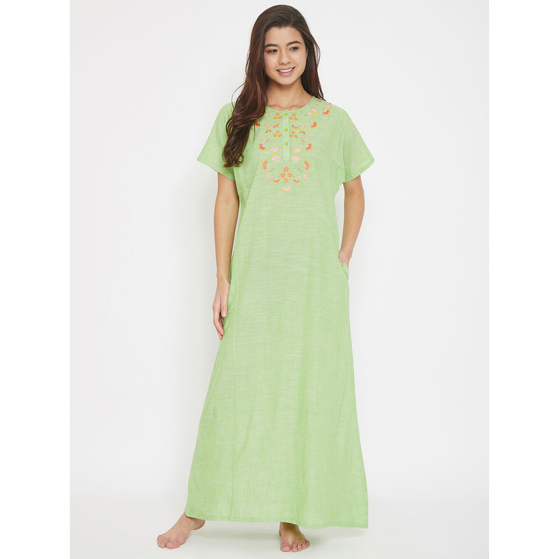 The Kaftan Company Mangalgiri Cotton Embroidered Round Neck Nighty With Placket - Green (S)