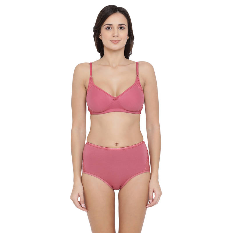 Clovia Cotton Rich Non-Padded Non-Wired T-Shirt Bra & High Waist Hipster Panty - Pink (36B)