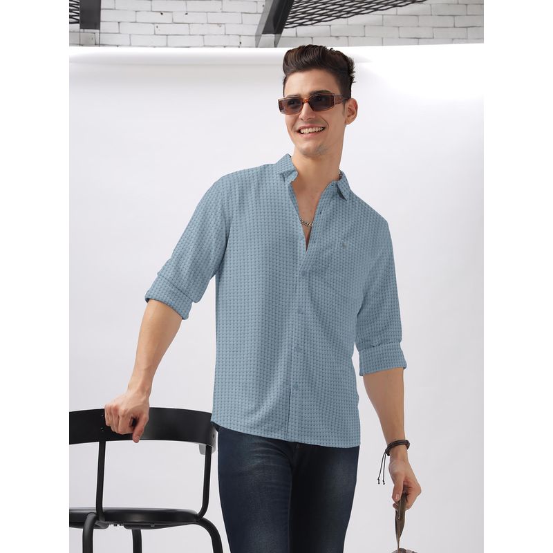 BULLMER Blue Trendy Regular Fit Textured Solid Fabric Causal Crochet Shirt for Men (XL)