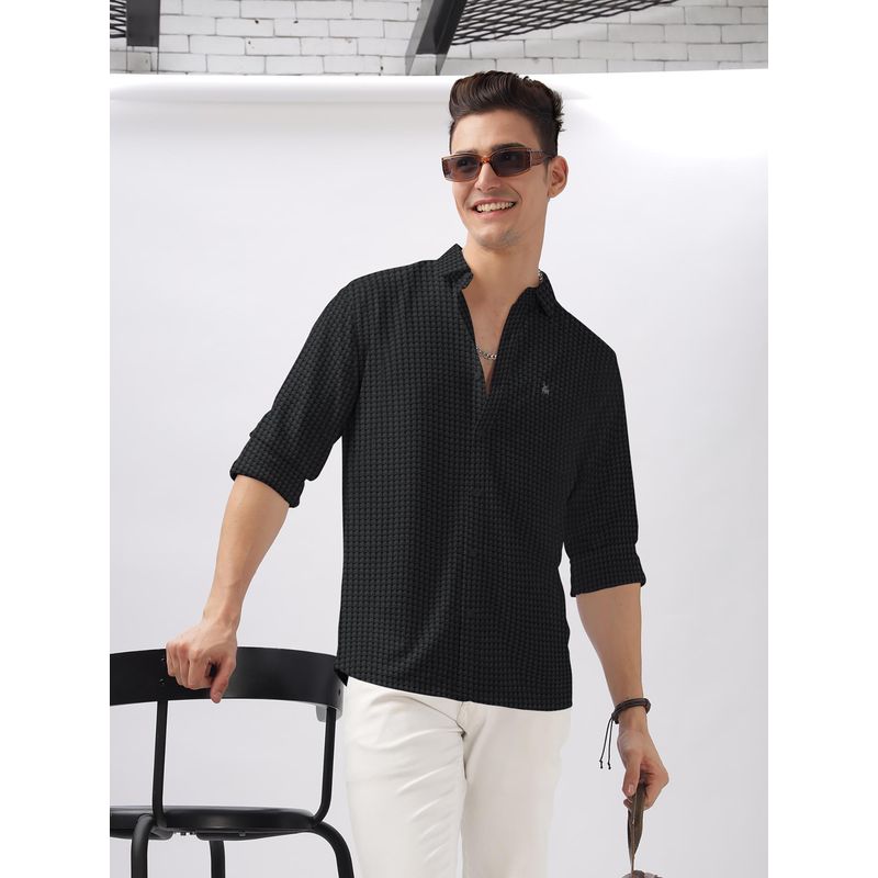 BULLMER Black Trendy Regular Fit Textured Solid Fabric Causal Crochet Shirt for Men (2XL)