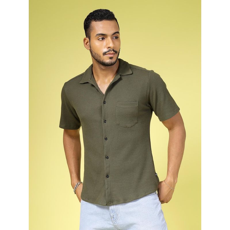 RIGO Men Olive Waffle Knit Shirt (L)