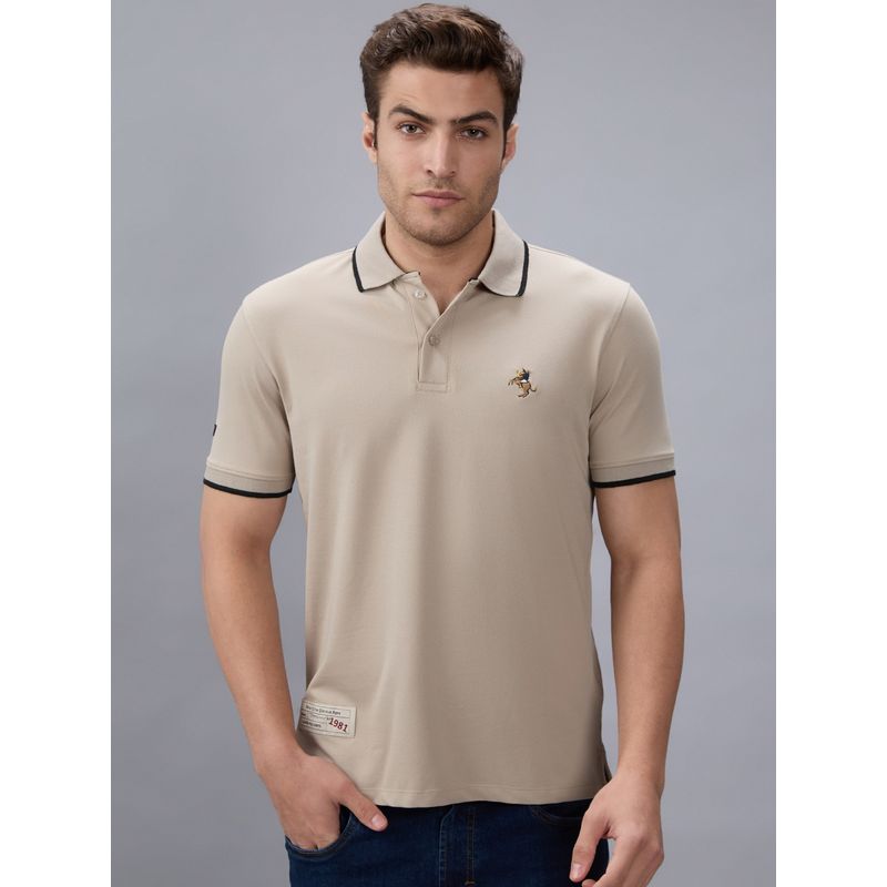 Giordano Men Khaki Slim Fit Cotton Solid Polo T-Shirt (L)