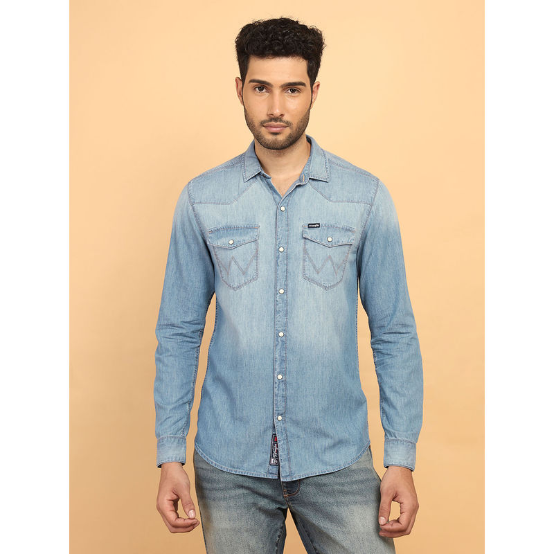 Wrangler Men Solid Blue Denim Regular Fit Shirt (M)