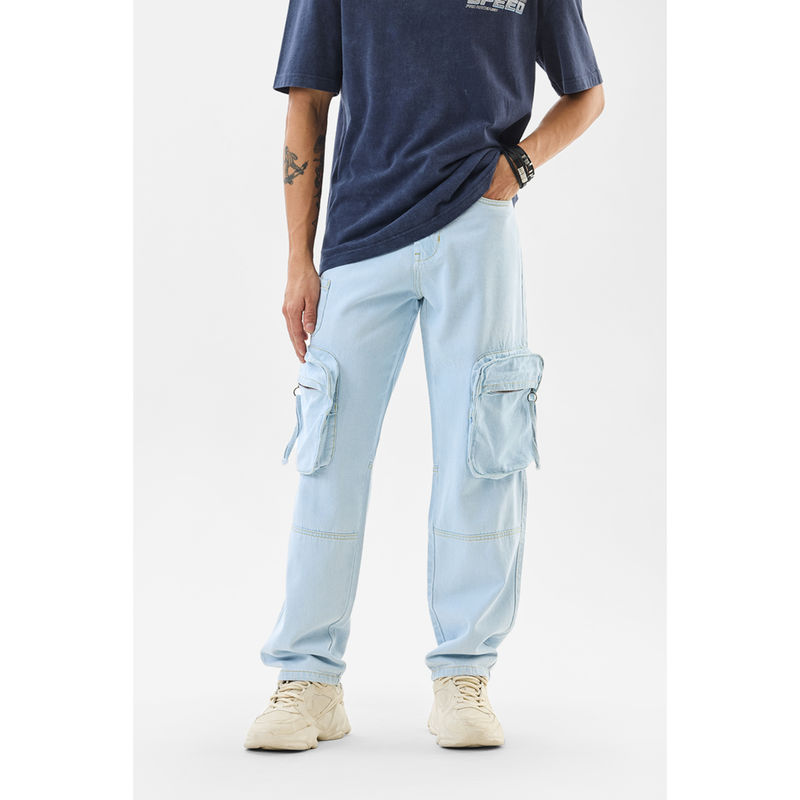 Snitch Light Blue Solid Loose Casual Cargo Jeans (34)