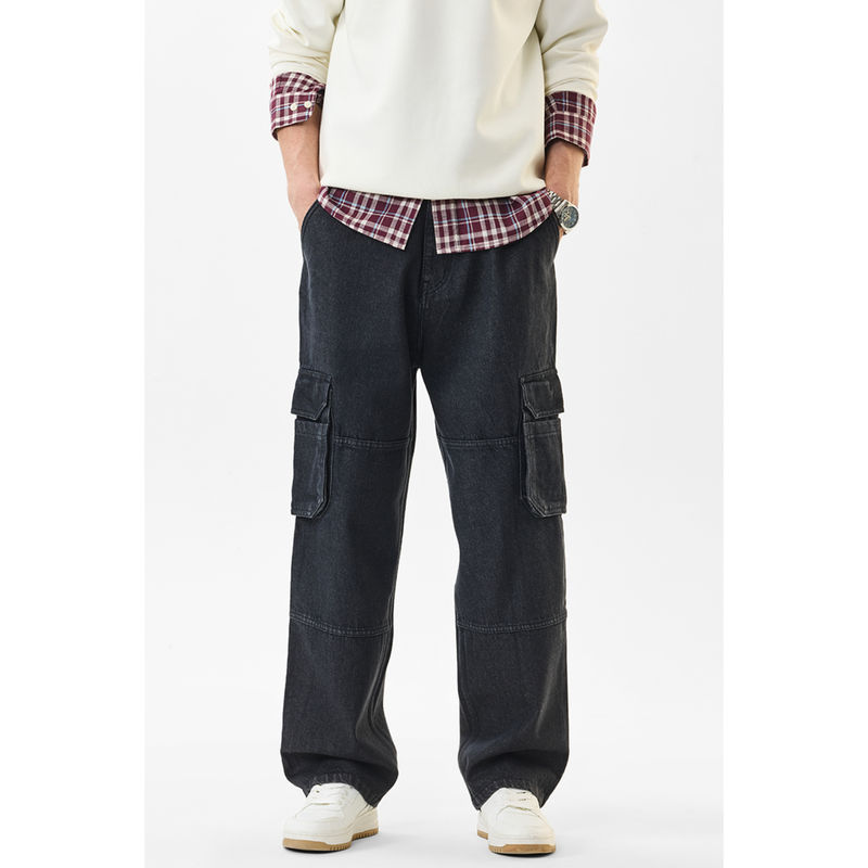 Snitch Black Solid Relaxed Casual Cargo Jeans (36)