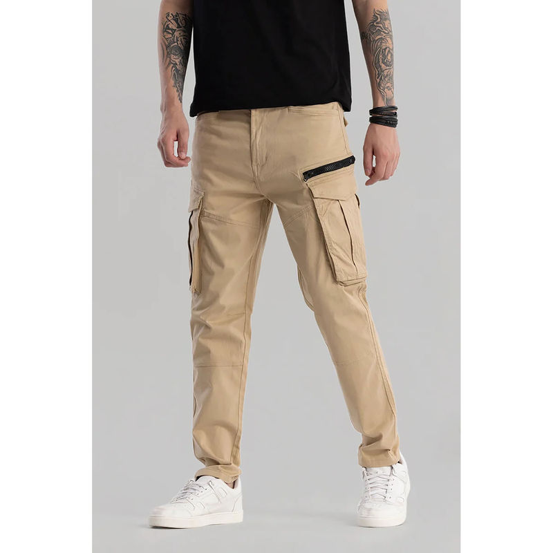 Snitch Khaki Plain Relaxed Casual Cargo Pants for Men (32)