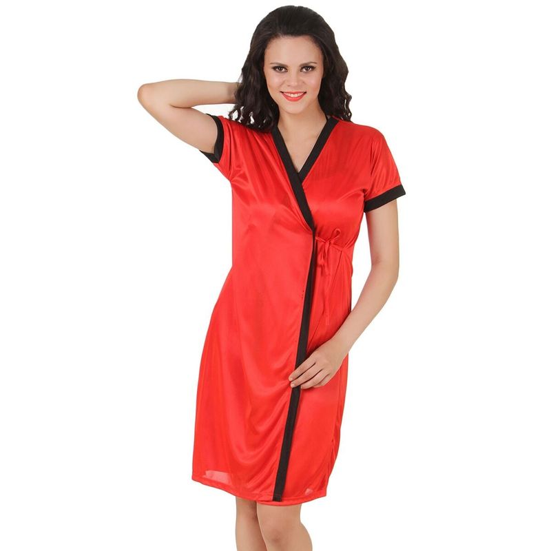 Fasense Women Satin Nightwear Sleepwear Short Wrap Gown Dp145 C - Red (M)