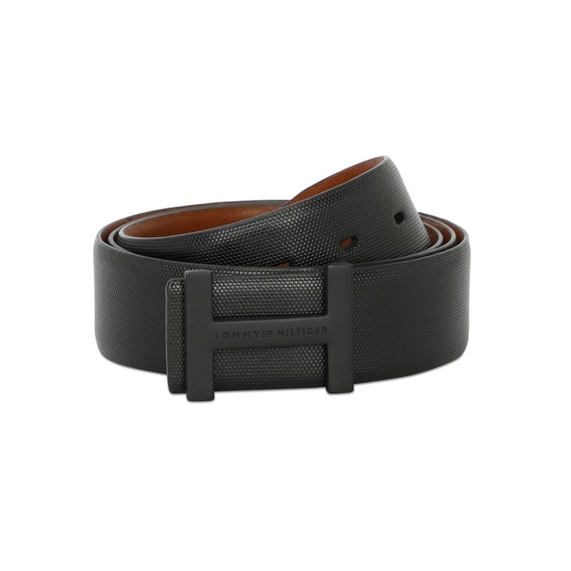 Tommy Hilfiger Witherspoon Mens Leather Reversible Belt Textured Black & Brown (M)