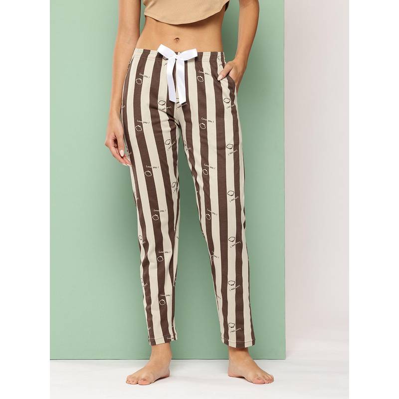 Leading Lady Brown Women's Striped Mid Rise Pure Cotton Pyjamas (L)