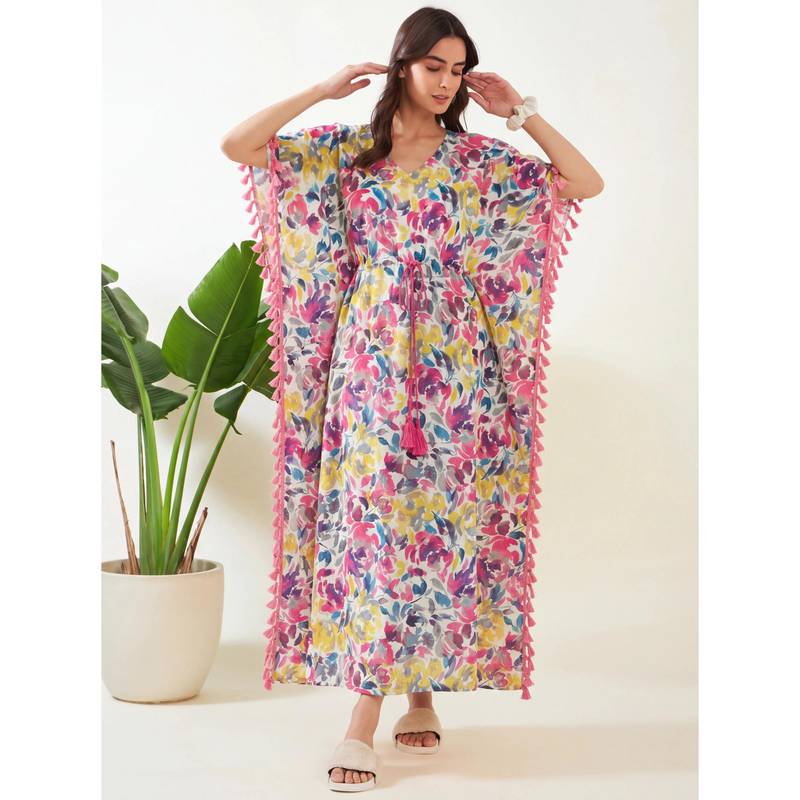 The Kaftan Company Multi-Color Watercolour Floral Cotton Kaftan (S)