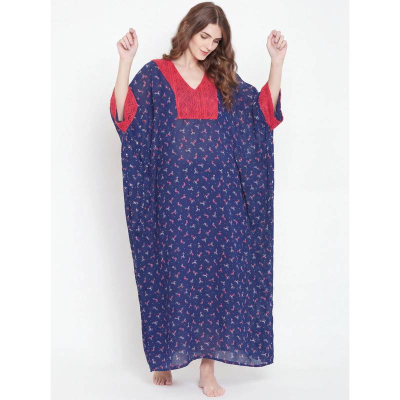 The Kaftan Company Blue Bird Print Georgette Maxi Kaftan (S)