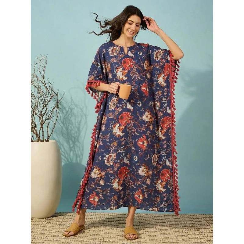 The Kaftan Company Navy Blue Floral Modal Kaftan With Tassel Trim & Pockets (S)