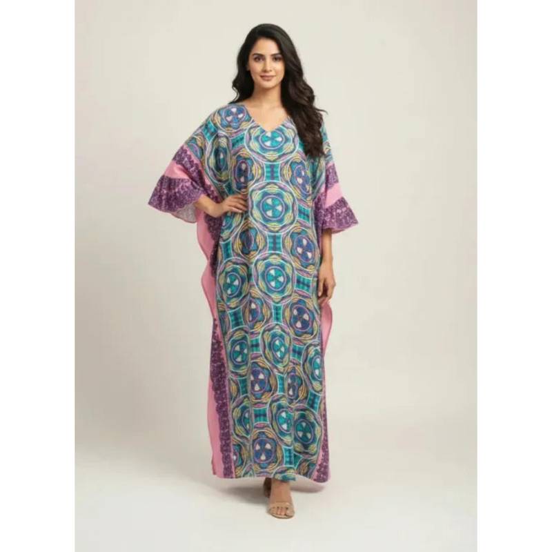 The Kaftan Company Multi-Color Geometric Printed Viscose Kaftan With Frill Sleeves (S)
