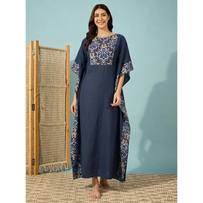 The Kaftan Company Blue Ikat Print Panel Maxi Kaftan (S)