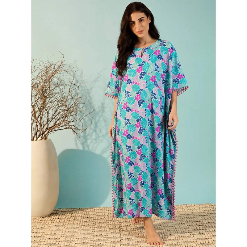 The Kaftan Company Blue Tropical Floral Print Maxi Kaftan In Cotton (S)