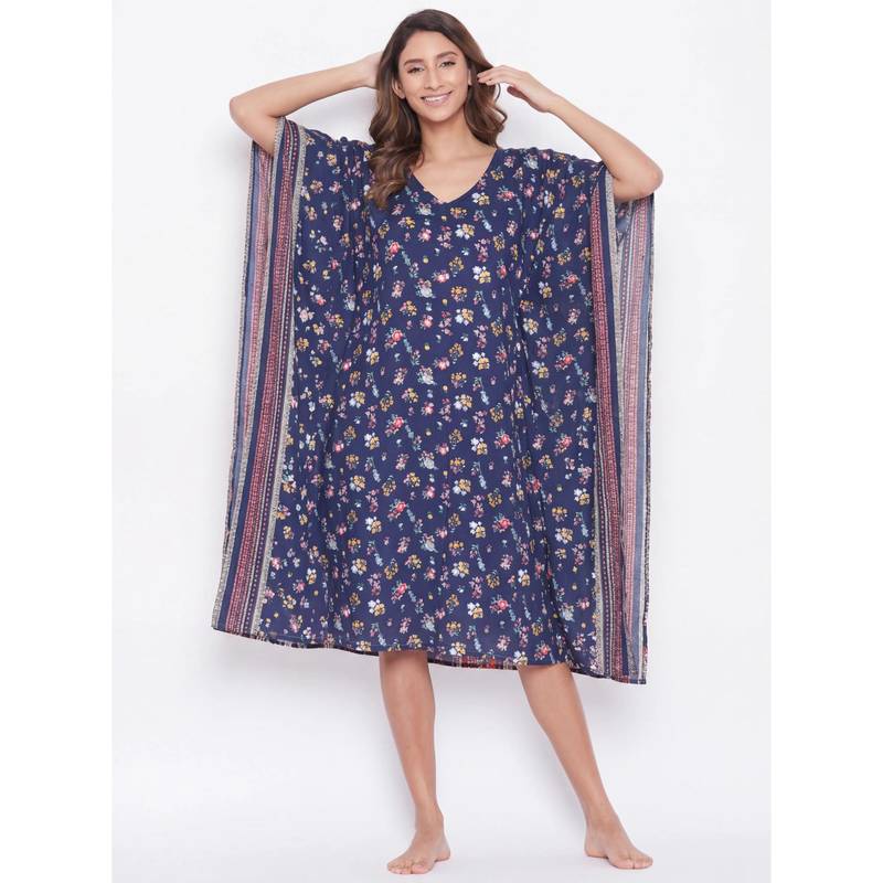 The Kaftan Company Blue Ditsy Floral Print Midi Kaftan With Border Trim (M)