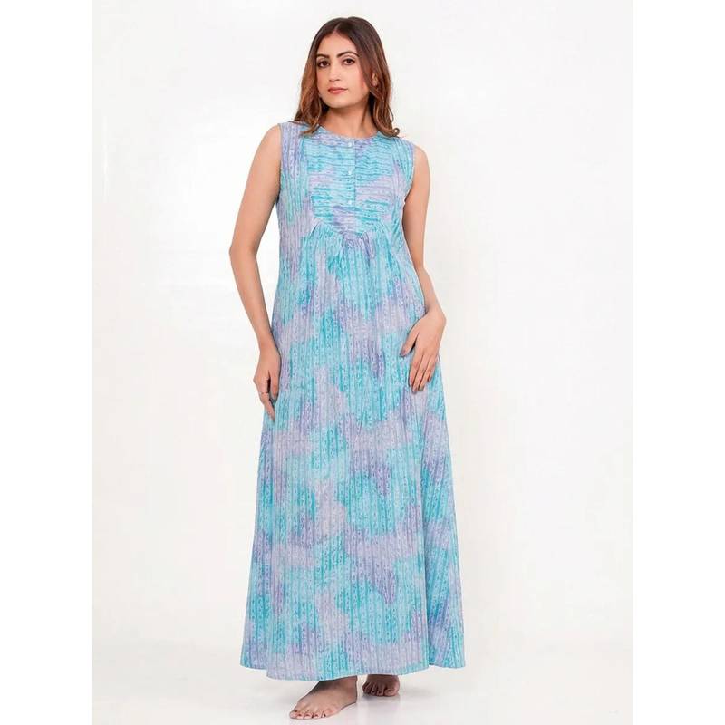 The Kaftan Company Blue Watercolour Print Cotton Night Gown (S)