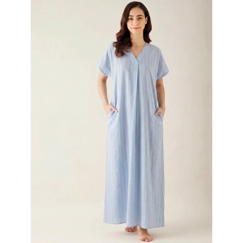 The Kaftan Company Solid Blue Cotton Maxi Night Gown (M)