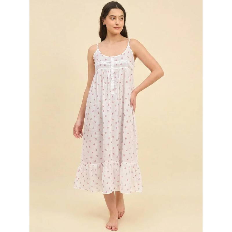 The Kaftan Company Rose Ditsy Floral White Cotton Nightdress (S)