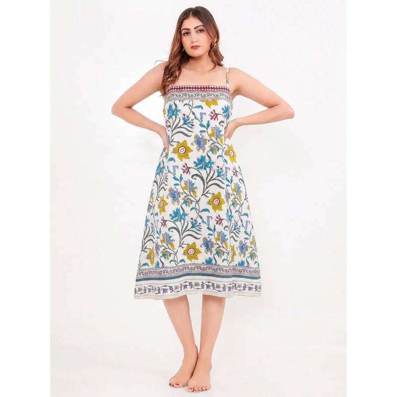 The Kaftan Company White Floral Print Cotton Negligee With Border Print (S)