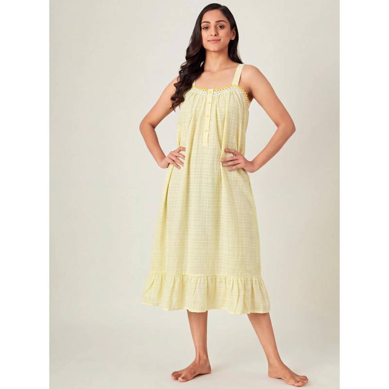 The Kaftan Company Yellow Check Print Cotton Negligee With Lace Trim (M)