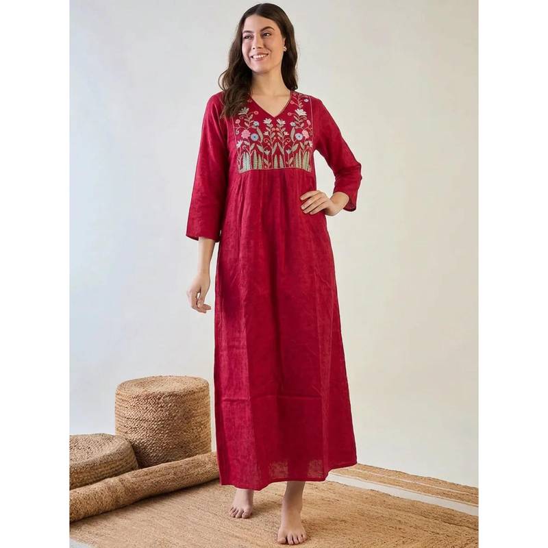 The Kaftan Company Magenta Fuschia Floral Embroidered Yoke Modal Jacquard Night Gown (S)