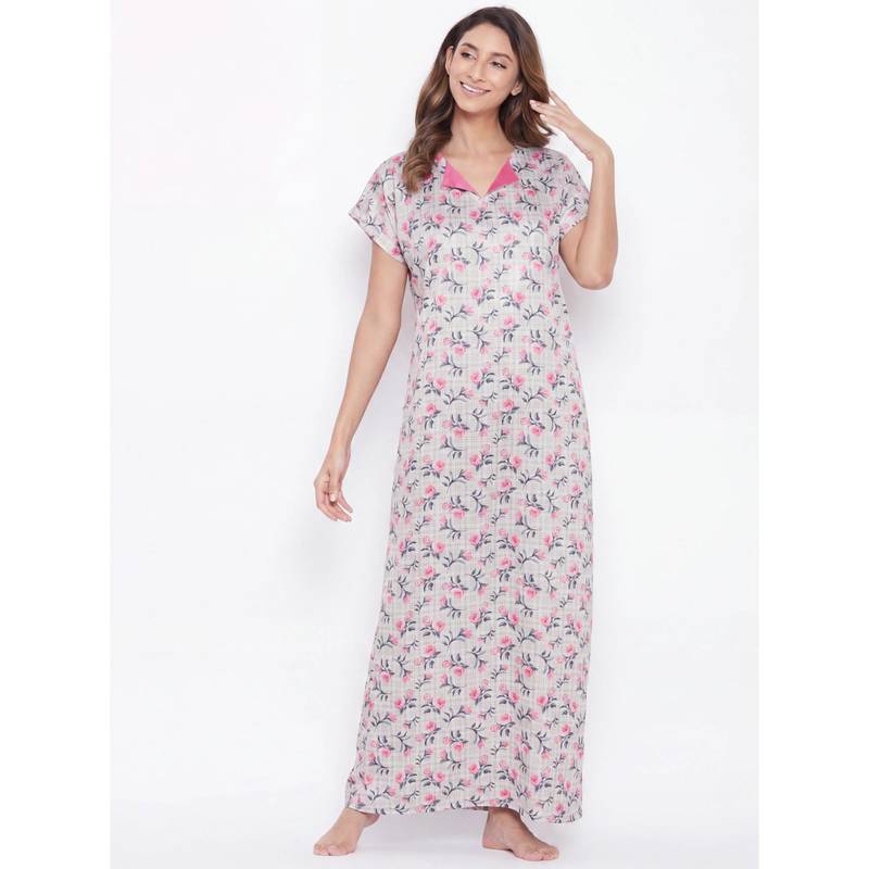 The Kaftan Company Pink Floral Print Satin Maxi Night Gown (S)