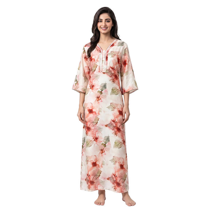 Juliet Off White Women's Printed Rayon Soft & Comfortable Night Gown (L)