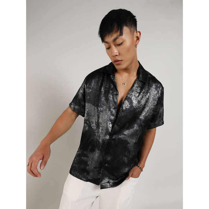 Campus Sutra Mens Midnight Black & Chalice Silver Metallic Ombre Shirt (L)