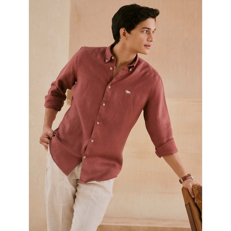 Andamen Men Rust Linen Solid Regular Fit Casual Shirt (XL)