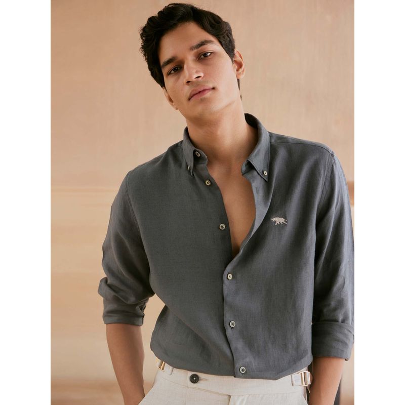 Andamen Men Grey Linen Solid Regular Fit Casual Shirt (S)