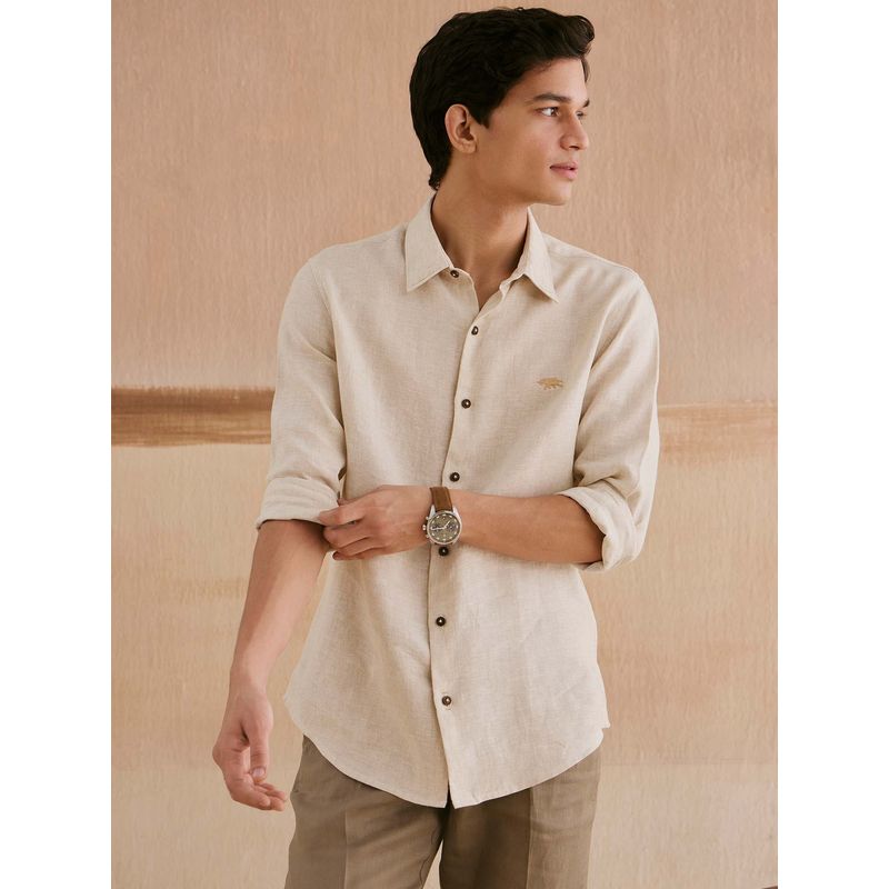 Andamen Men Beige Linen Solid Regular Fit Casual Shirt (M)