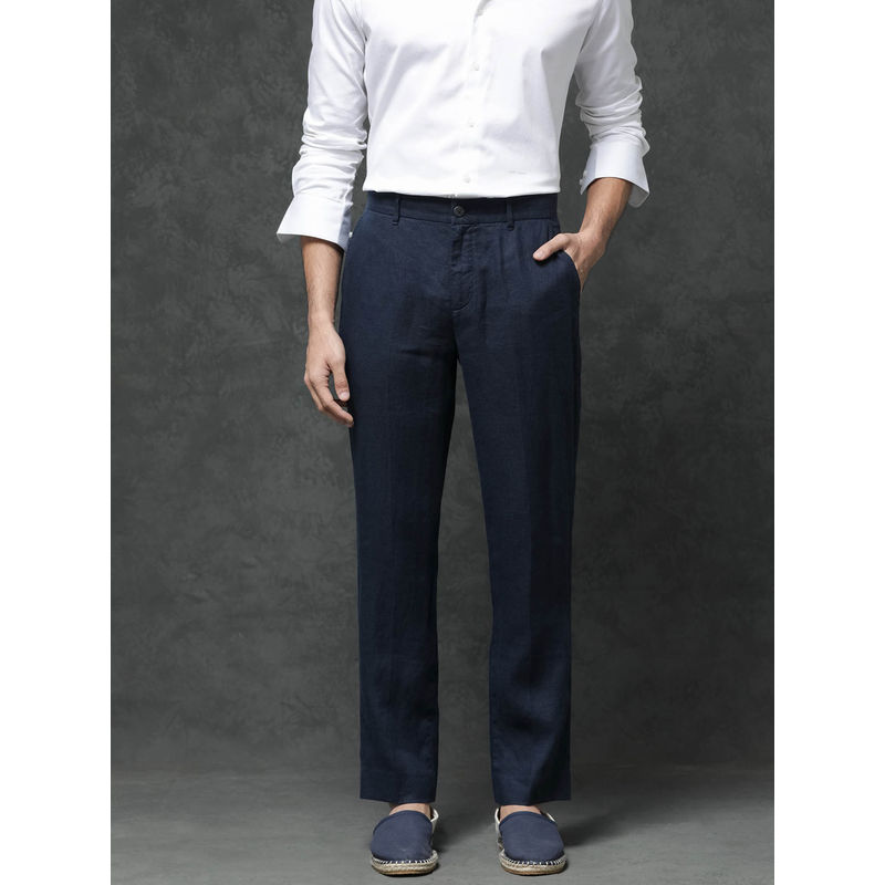 Rare Rabbit Arcelo Navy Blue Plain Regular Fit Trouser (32)