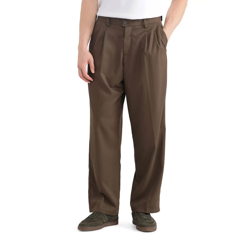Rare Rabbit Enzot Light Brown Plain Relaxed Fit Trouser (32)