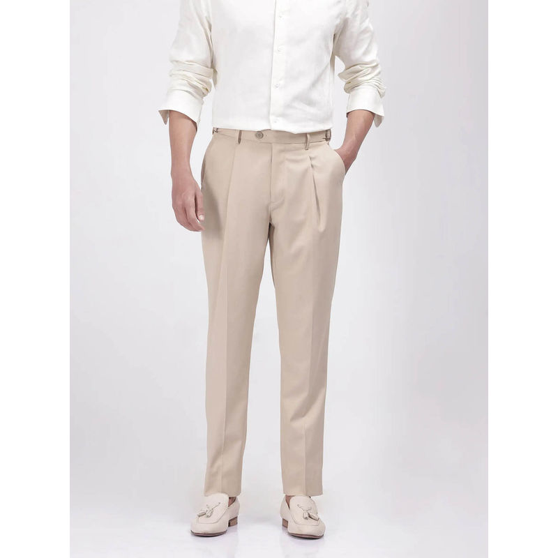 Rare Rabbit Naji Beige Plain Relaxed Fit Trouser (32)