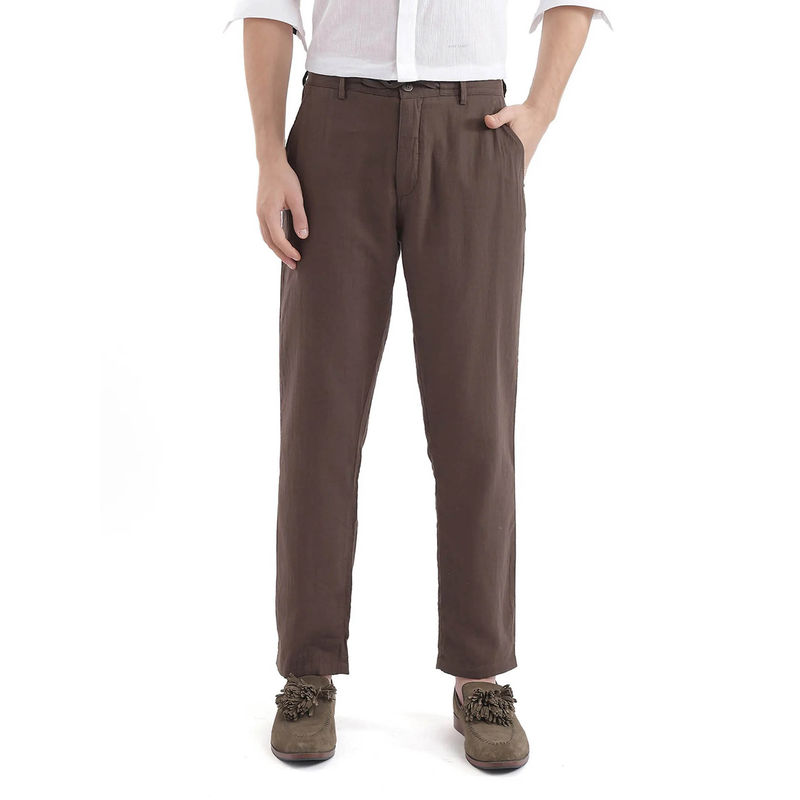 Rare Rabbit Pastor-3 Dark Brown Plain Regular Fit Trouser (28)