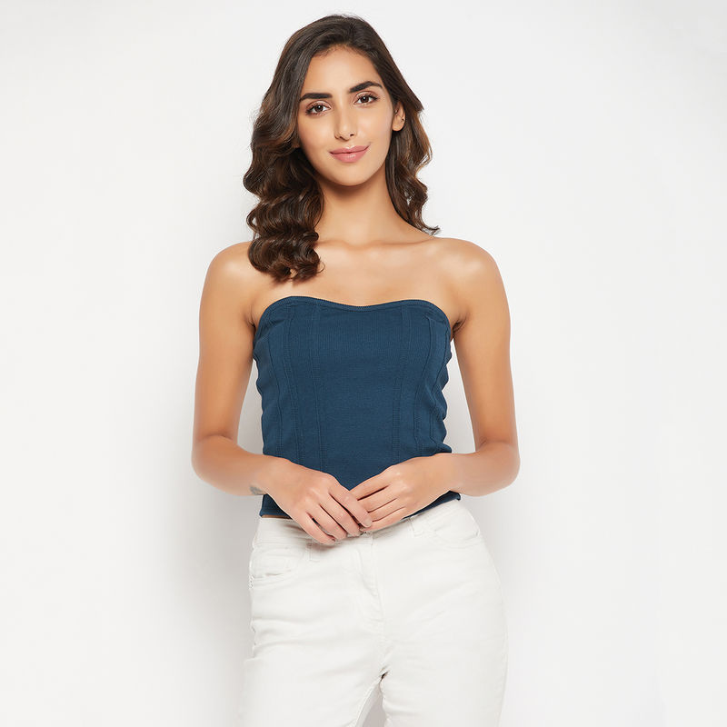 Clovia Chic Basic Ribbed Bustier In Navy - Cotton (M)