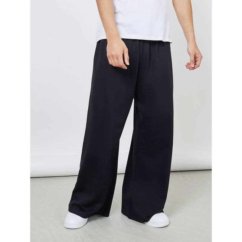 Styli Men's Black Solid Wide Leg Cotton Casual Trousers with Drawstring (S)