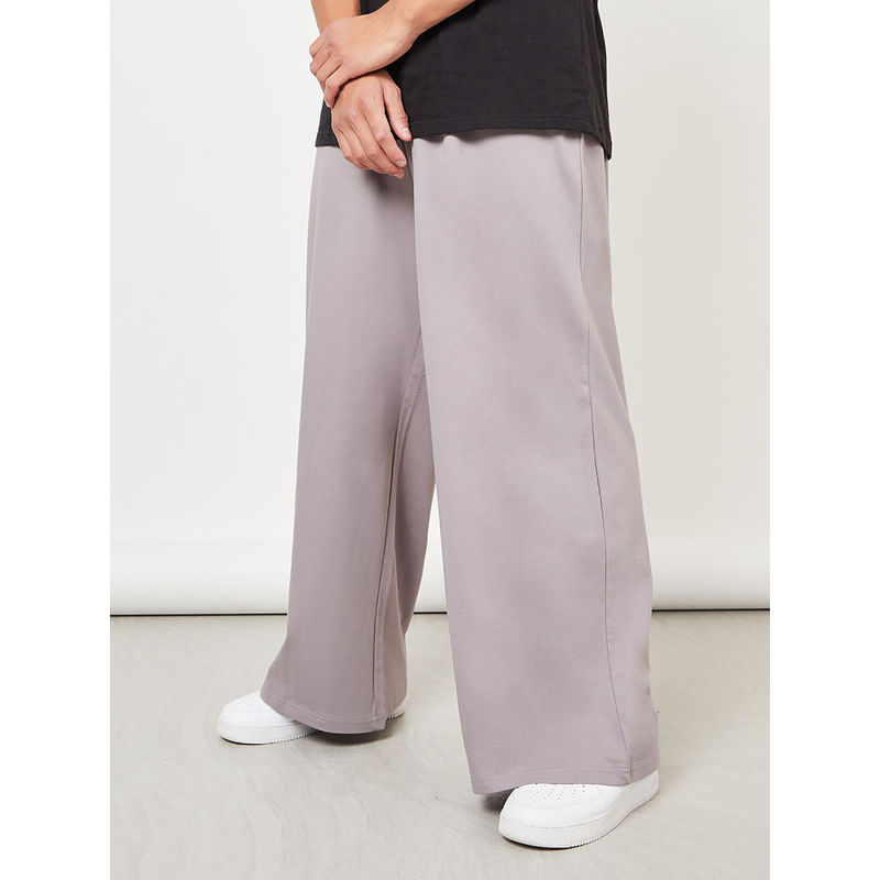 Styli Men's Grey Solid Wide Leg Cotton Casual Trousers with Drawstring (M)