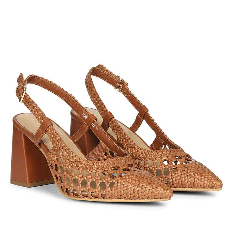 Saint G Women Hand Woven Tan Leather Block Heels (EURO 39)