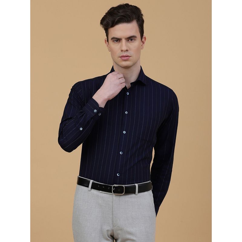 Metal Men Navy Blue Cotton Stripes Slim Fit Formal Shirt (40)