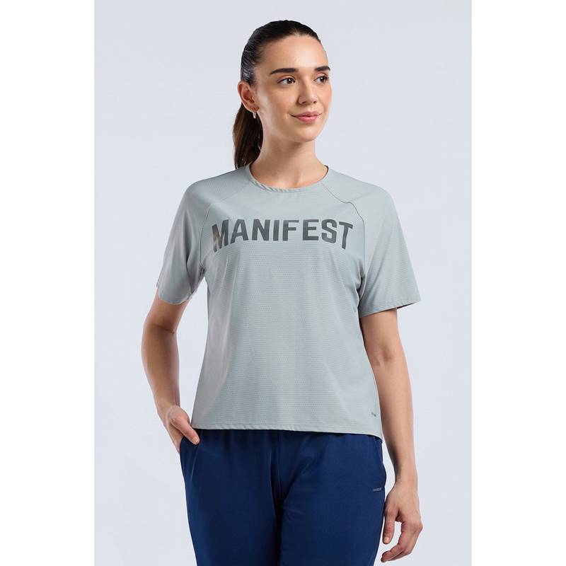 Amante Women Light Grey Base Full Mesh Workout T-Shirt (S)