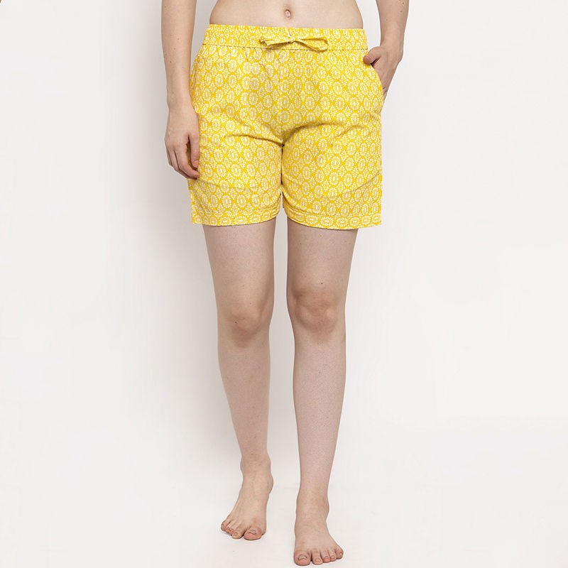 Secret Wish Women's Yellow Cotton Printed Shorts (L)